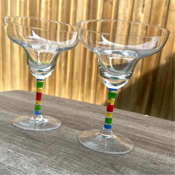 Whimsical Clear Glass Margarita Glasses Rainbow Hand Painted Stem-Set of 2 - Picture 5 of 5